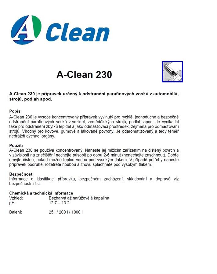 A-Clean 230 25l - přípravek k odstranění parafínových vosků z automobilů, strojů a podlah